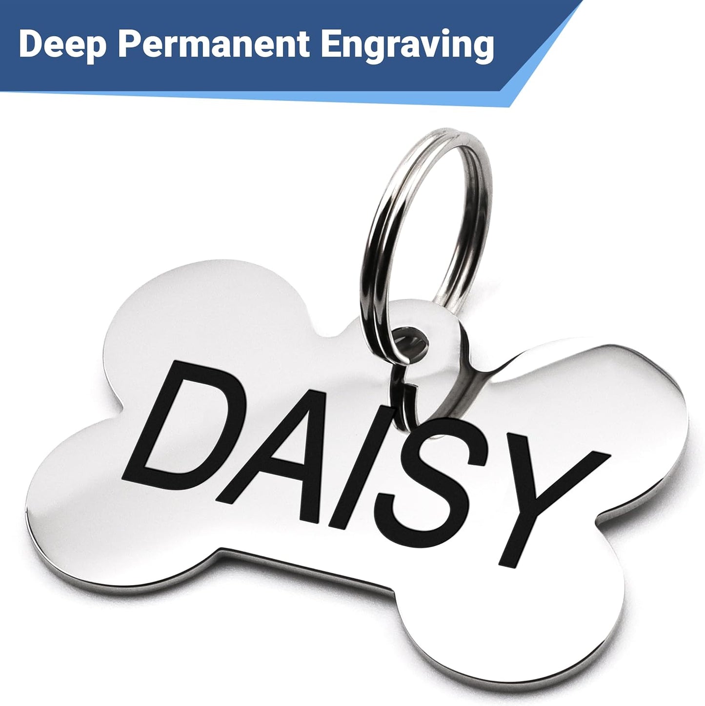 GoTags Dog Tags Personalized Engraved Pet ID Tags, Stainless Steel, Front and Backside Engraving, Available in Bone, Round, Heart, Bow Tie and More, Small and Large Dog and Cat (Pack of 1)