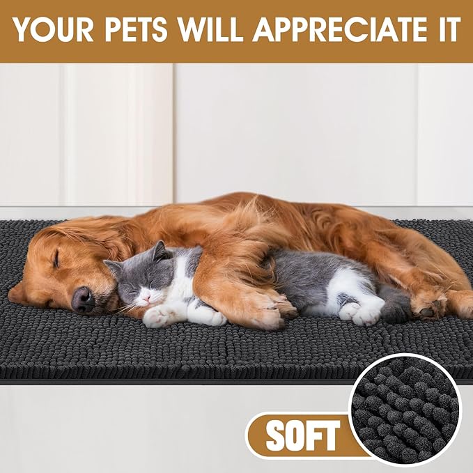 2 Pieces Muddy Door Mats for Dogs, Chenille Absorbent Pet Mats, Quick Dry, Trap Dirt Non Slip Heavy Indoor Doormat Soft Dog Bed Mat Front Inside Door Mat for Indoor Outdoor Entrance,Dark Grey