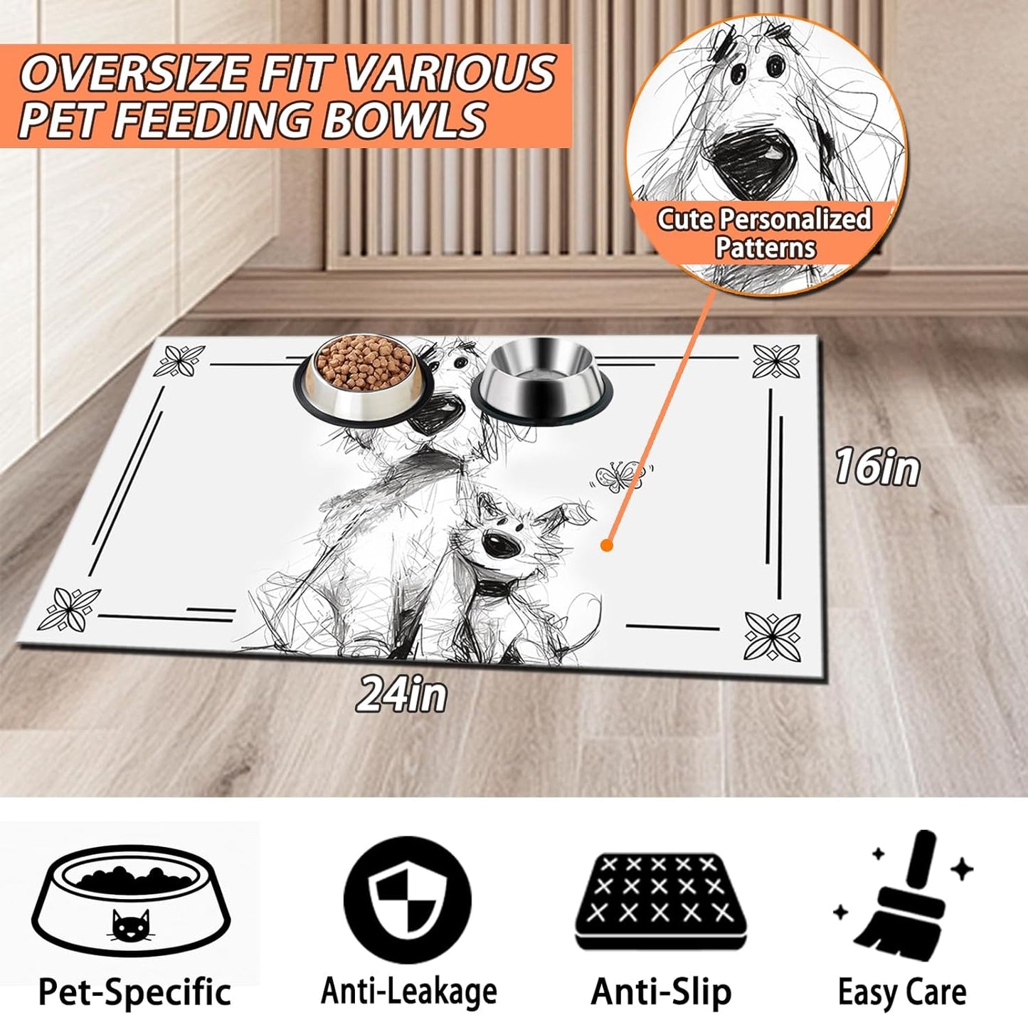 Pet Feeding Mat for Dogs and Cats - Super Absorbent Anti-Slip Bowl Pad, Eco-Friendly Washable Mat to Prevent Spills and Mess Labrador Mat 16"x24"