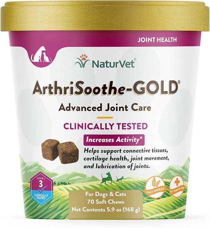 NaturVet ArthriSoothe-Gold Level 3 Advanced Joint Care for Dogs – Soft Chew Dog Supplement with Glucosamine, MSM, Chondroitin & Hyaluronic Acid – Wheat-Free Pet Supplements – 70 Ct.
