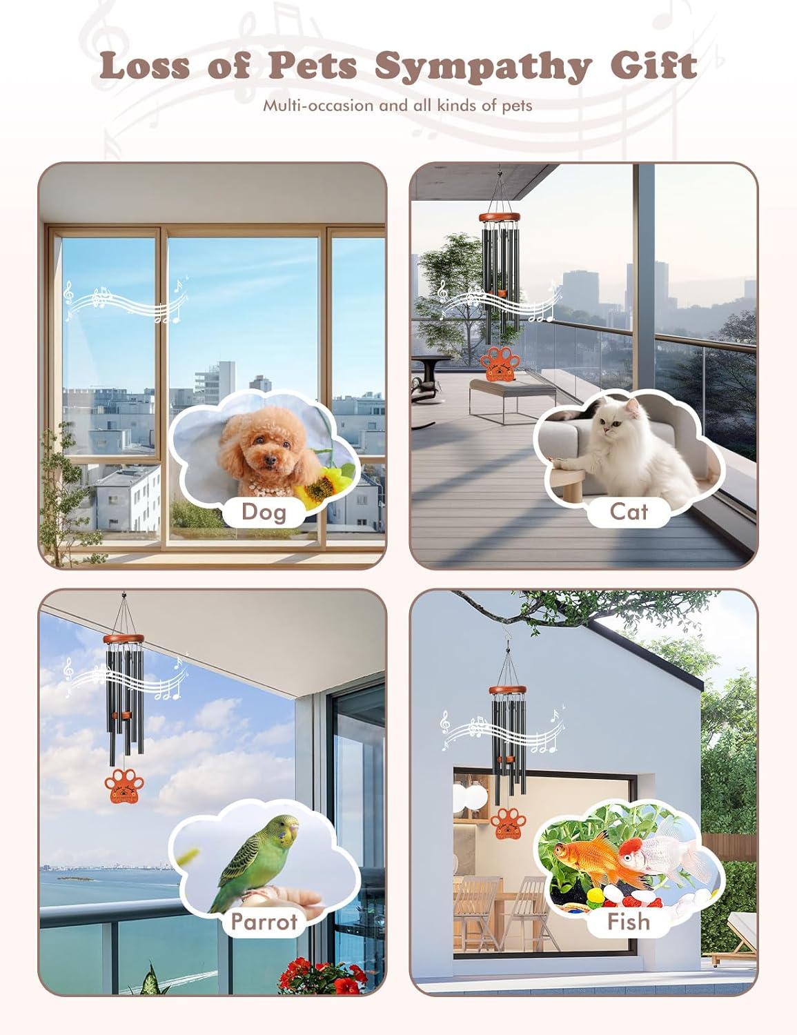 Dog Memorial Gifts for Loss of Dog, Pet Memorial Gifts for Dogs, 26'' Memorial Gifts Wind Chimes, Loss of Dog Sympathy Gift with Poem Card for Cat, Pet Remembrance Gift Dog for Garden, Patio