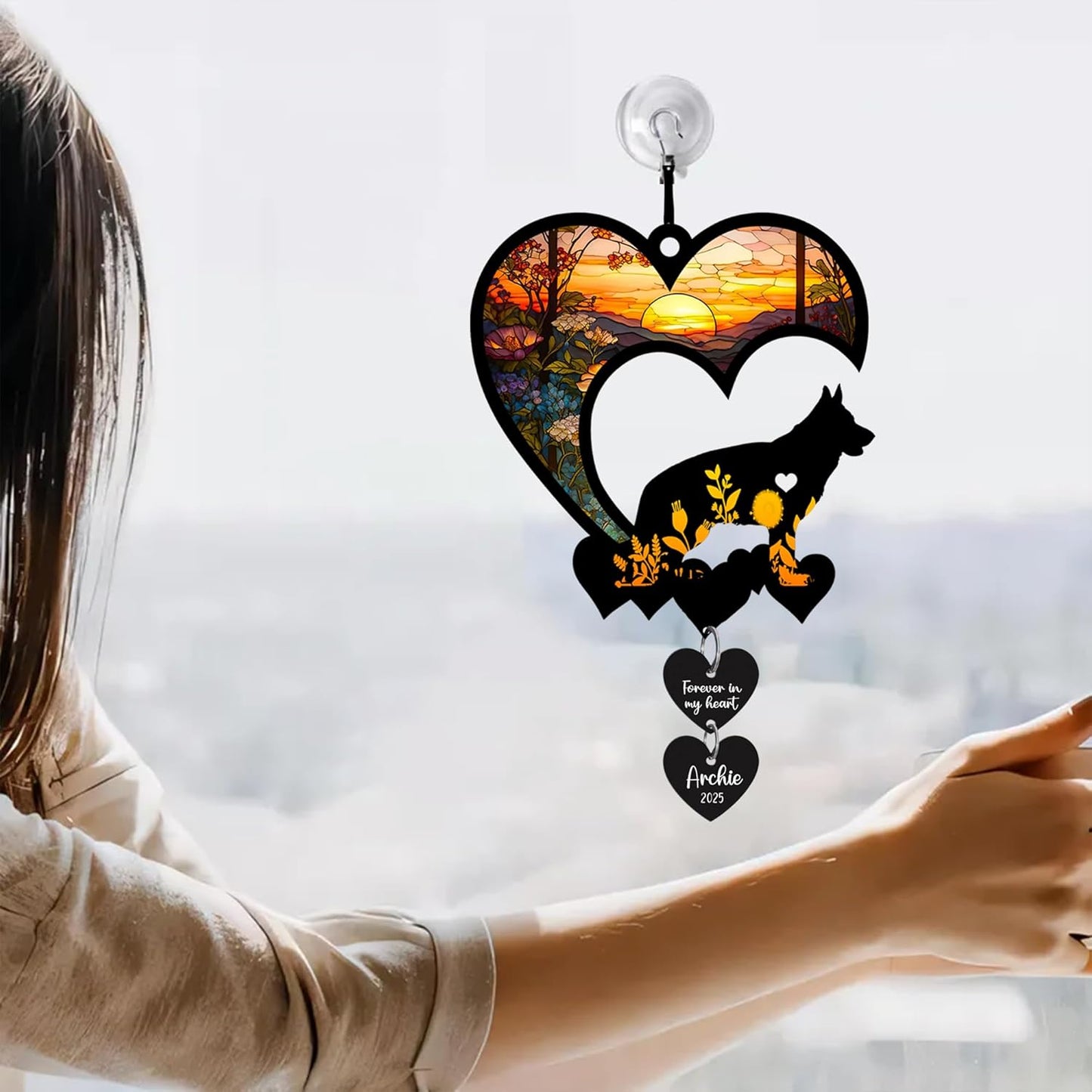 LOVELYPOD Personalized Dog Memorial Suncatcher, Custom Pet Memorial Gifts for Loss of Dog, SunCatcher Gift for Someone Who Lost a Pet, Dogs Remembrance Stained Glass, Hanging Garden Decor with Heart