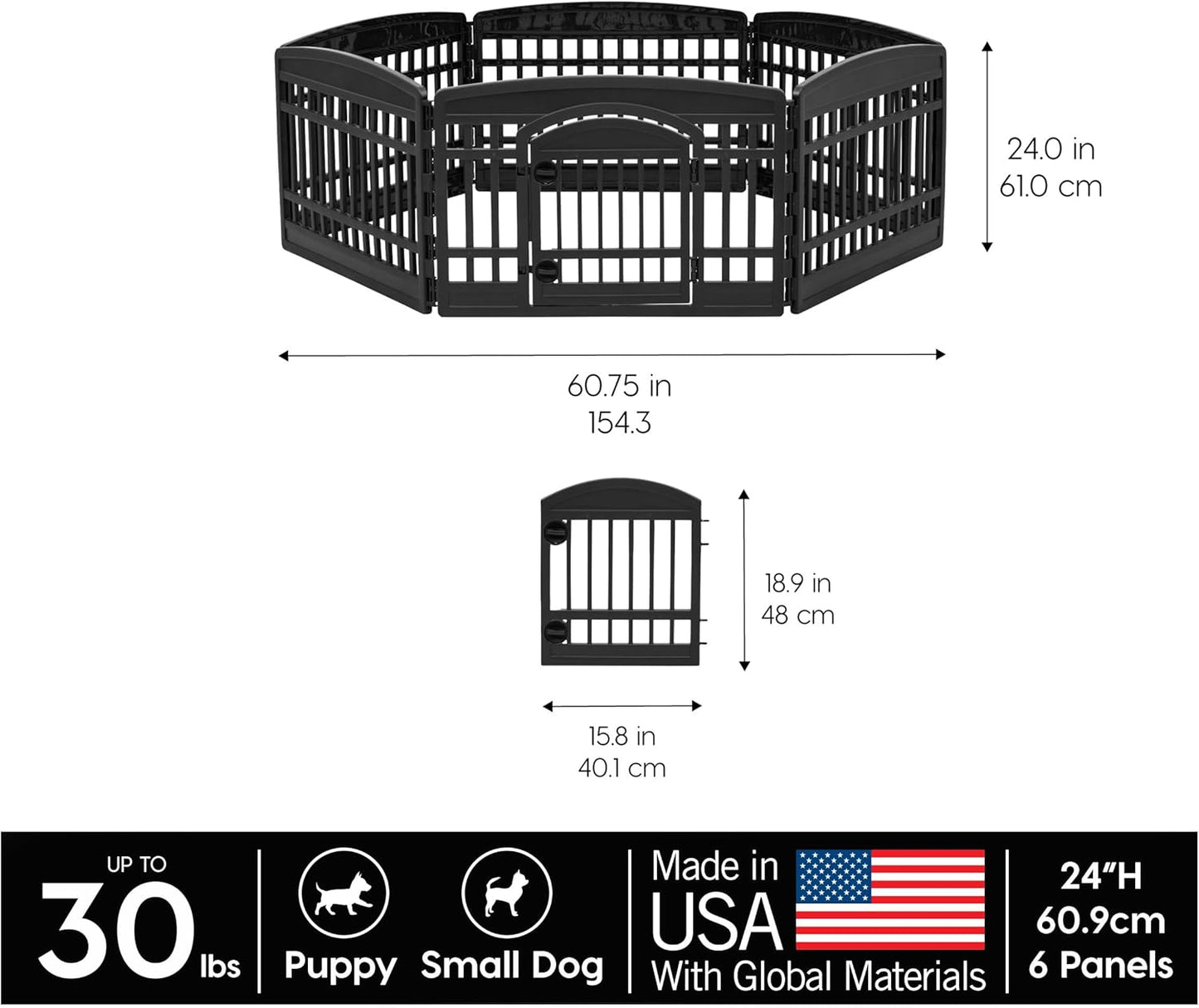 IRIS USA 24" 6-Panel Dog Playpen with Door, 61 x 61 x 24, Puppy Playpen, Dog Play Pen Indoors, Pet Fence, Puppies/Small Dogs, Black