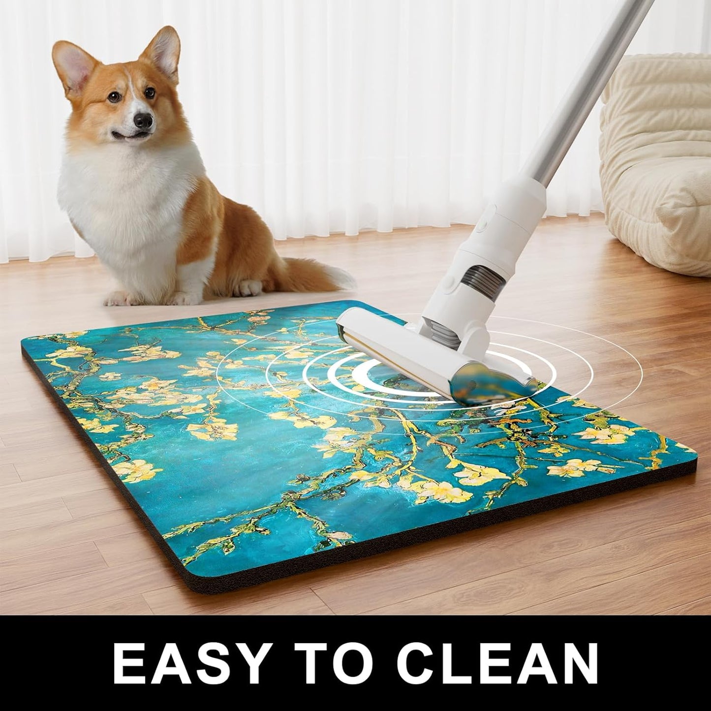 Dog Food Mat, 16" x 24" Flower Absorbent Dog Cat Bowl Mat for Food and Water, Cute Anti-Slip Rubber Pet Feeding Rug Protect Floors, Placemat for Feeding & Watering Supplies, Green