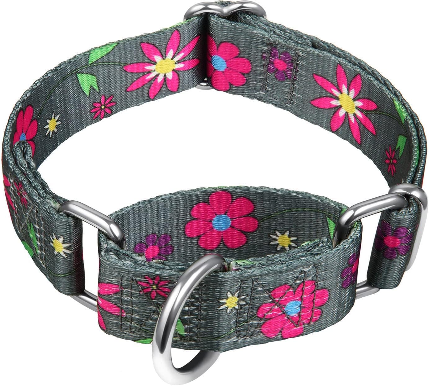 Martingale Collar Floral Print Dog Collar - No Pull Pet Collar, Heavy Duty Adjustable Dog Collar, Large, Neck 17 Inch -25 Inch, Sun Flower (Graphite Grey)