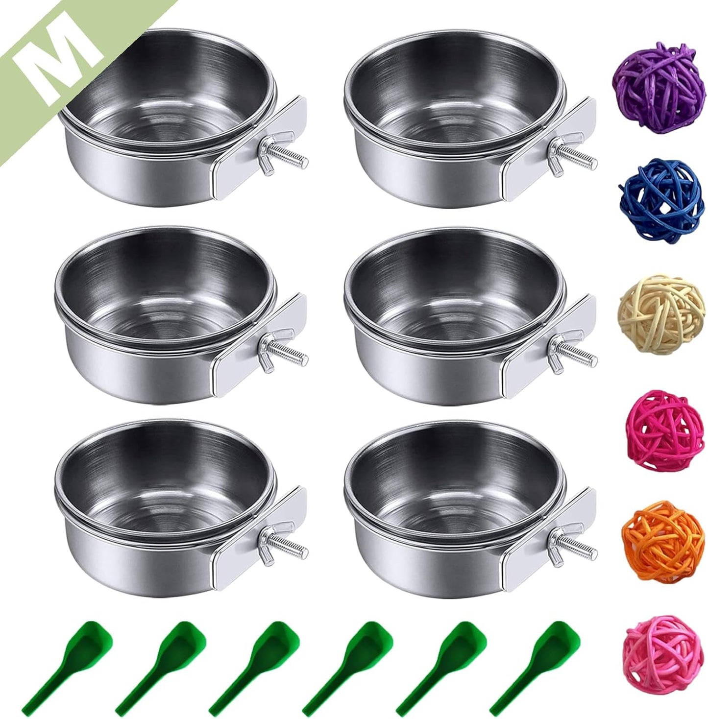 PINVNBY 6 Pieces Stainless Steel Bird Feeding Dish Cups,Parrot Feeder Parakeet Food Water Bowls with Clamp Holder & 6 Pcs Bird Spoon & 6 Pcs Birds Ball Toys for Budgies Macaw Small Animal(M)