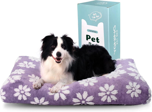 Dog Beds for Large Dogs, Cute Thick Dog Bed for Crate Kennel, Fluffy Pet Bed with Removable Washable Cover and Anti-Slip Bottom, 35"x 22", Purple Flower
