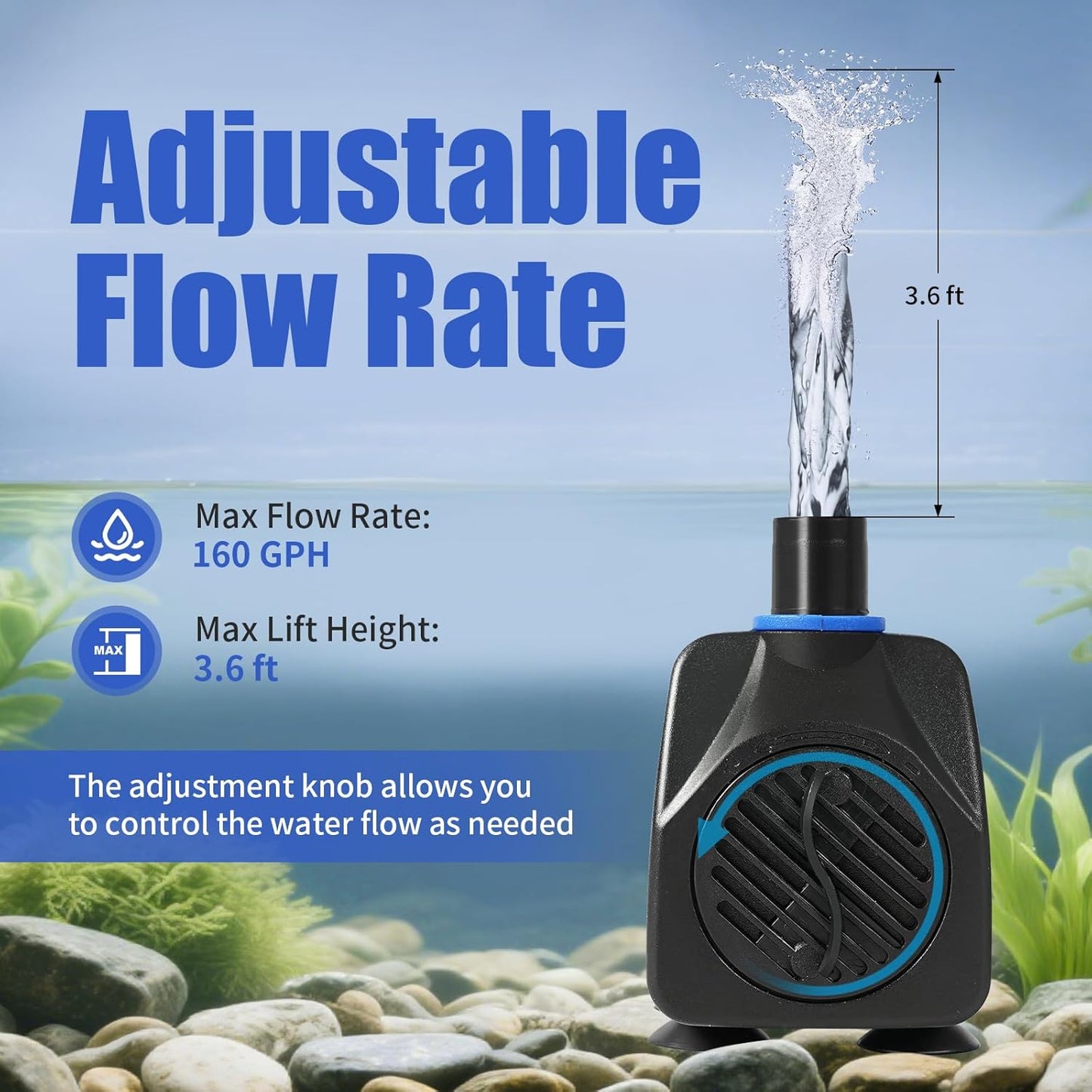AQUANEAT Small Fountain Pump, 160 GPH Mini Submersible Water Pump with 3.3 ft Tubing, for Aquarium Fish Tank, Pet Water Fountain, Hydroponics, Pond Waterfall