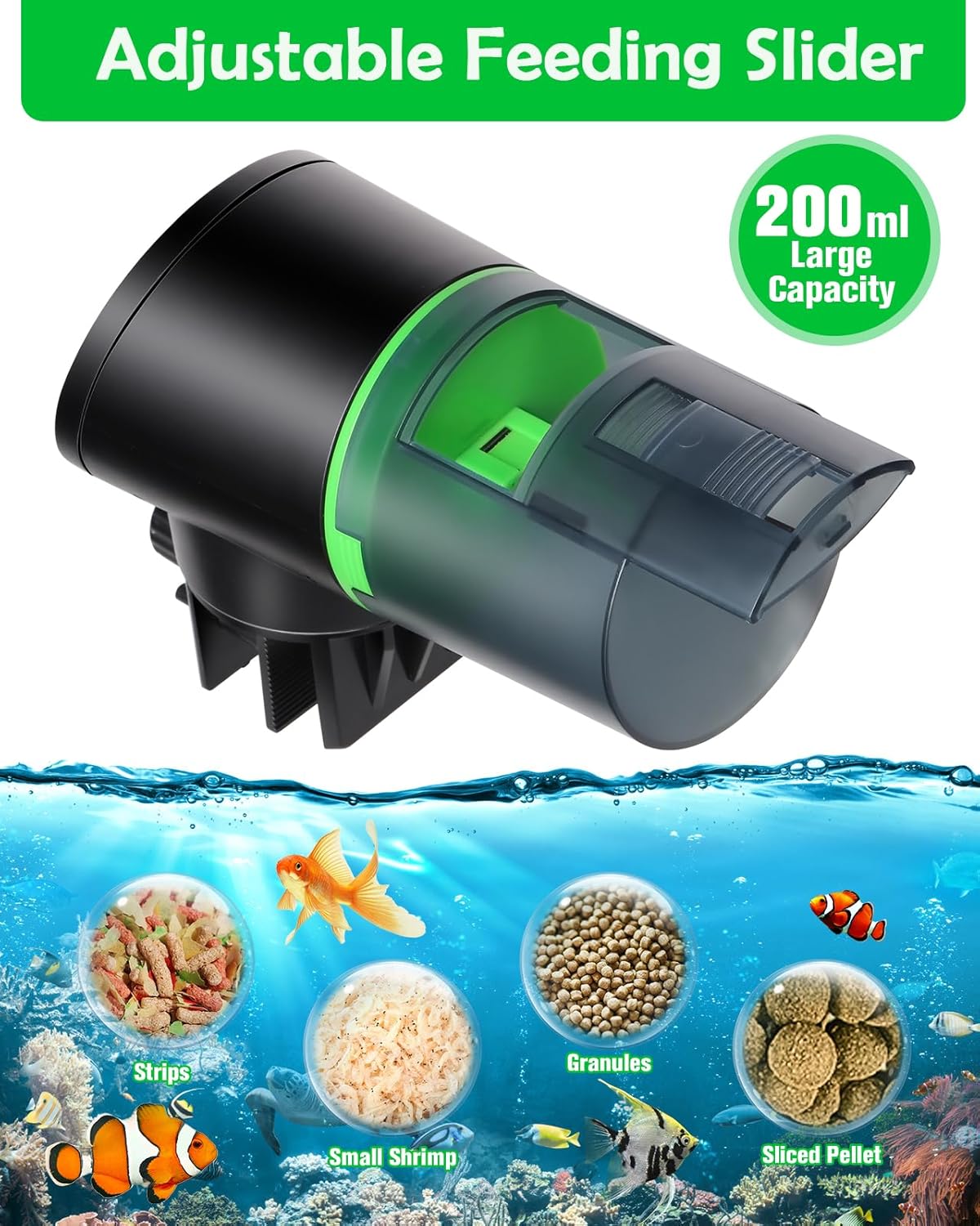 Automatic Fish Feeder for Aquarium - Auto Fish Food Dispenser Rechargeable for Small Large Tank with USB Charger Cable，12/24/48H Interval Esay Set Up (Black, CY-019)