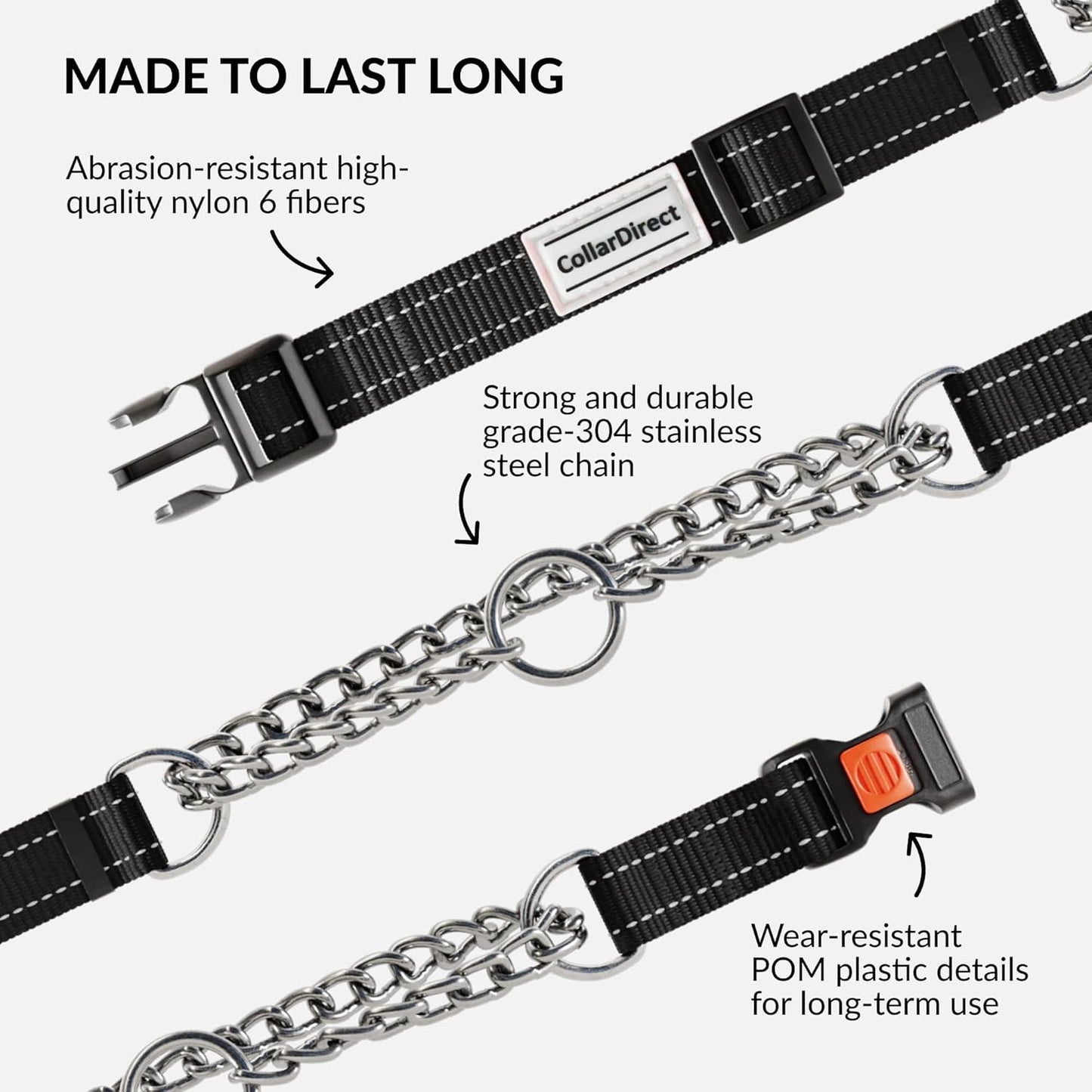 CollarDirect Martingale Dog Collar with Stainless Steel Chain and Quick Release Buckle - Reflective Collar for Large, Medium, Small Dogs - Black, Large (Neck Size 17"-22")