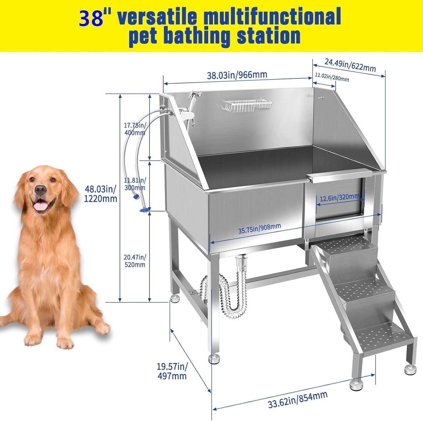 38" Pet Dog Bathing Station w/Ramp, Professional Stainless Steel Dog Grooming Tub w/Storage Drawer, Floor Grate, Faucet, Dog Bathtub for Large,Medium,Small Pets, Washing Sink for Home