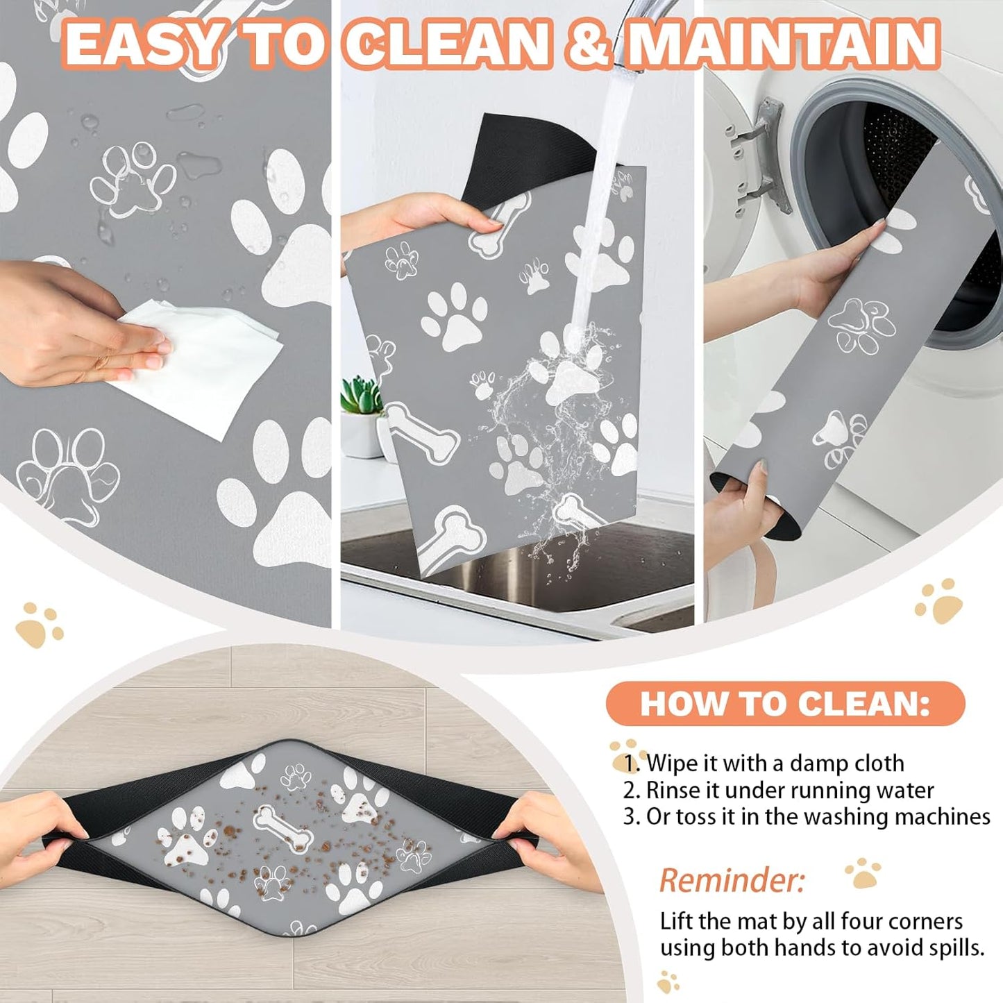 Grey Dog Cat Food Mat,12"x20" Inches Rapid Absorbent Pet Feeding Mat,Pets Placemat Water Bowl Mats with Rubber Backing,No Stains Cat Dog Feeding Mats Indoor,Pet Accessories Supplies