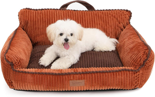 FUKUMARU Cat Couch Bed, Fluffy Corduroy Cat Beds for Indoor Cats with Washable Cover, Waterproof Small Dog Sofa Beds with Portable Handle and Anti-Slip Bottom, Pet Beds & Furniture 28inch, Orange