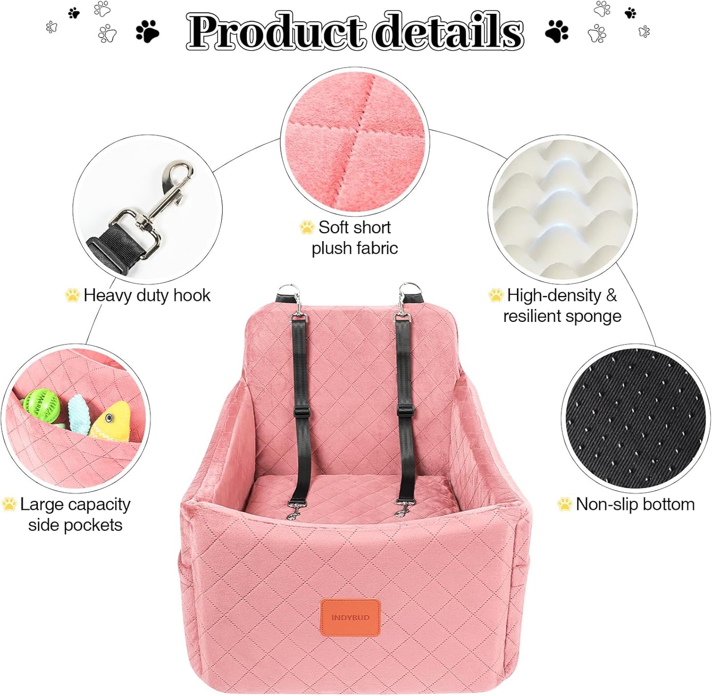 Dog Booster Car Seat for Dogs up to 35lbs, Safety Pet Car Seats with Anti-Slip Bottom, Travel Booster Dog Bed with 2 Storage Pockets (Pink, Medium)