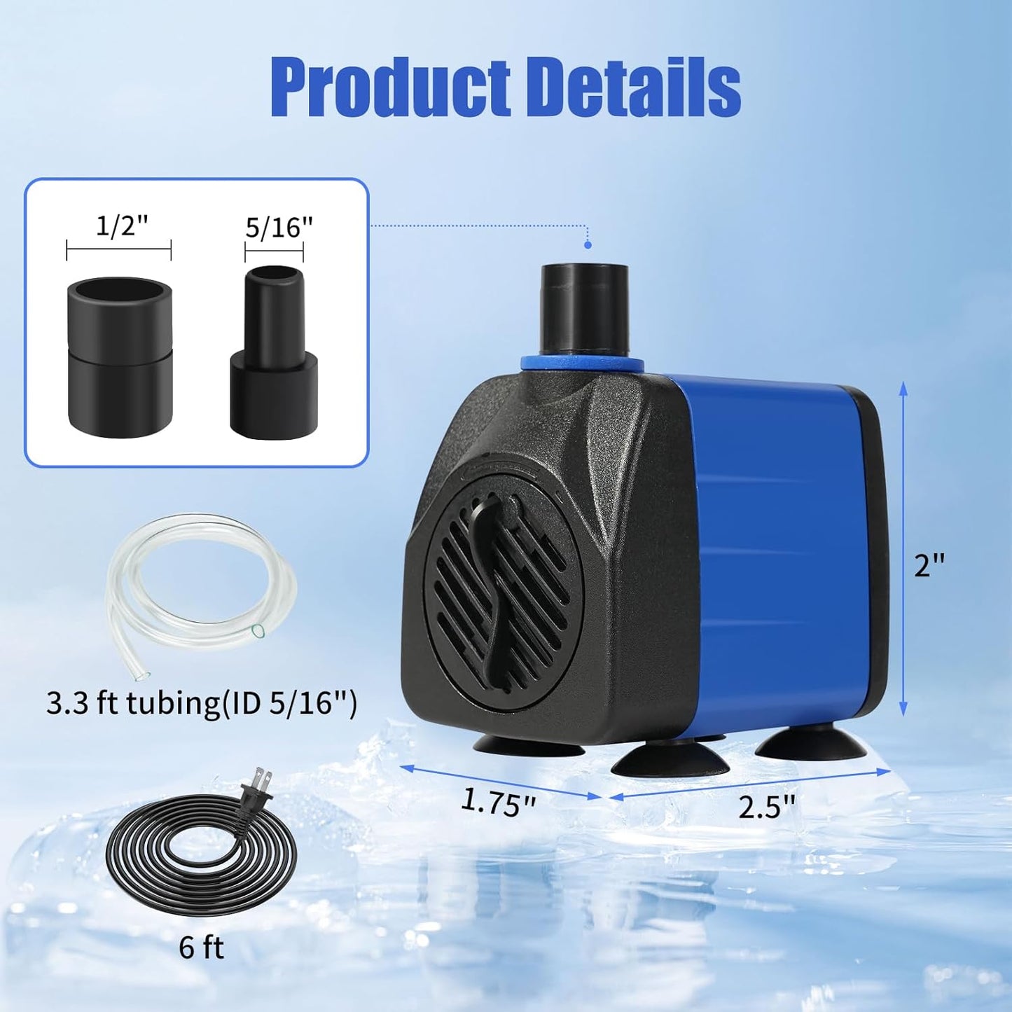 AQUANEAT Small Fountain Pump, 160 GPH Mini Submersible Water Pump with 3.3 ft Tubing, for Aquarium Fish Tank, Pet Water Fountain, Hydroponics, Pond Waterfall
