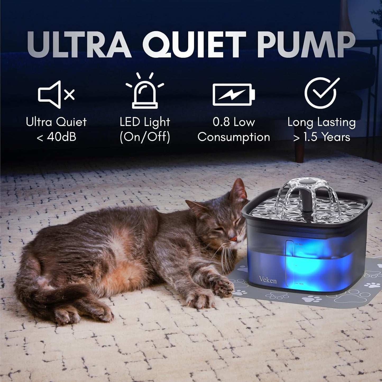 Veken Innovation Award Winner 95oz/2.8L Pet Fountain, Automatic Cat Water Fountain Dog Water Dispenser with Replacement Filters for Cats, Dogs, Multiple Pets (Space Black, Plastic)