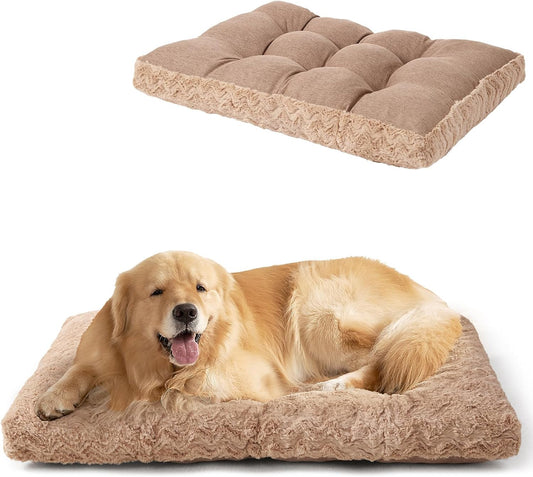 EHEYCIGA Reversible Dog Crate Bed Washable, Comfort Fluffy Plush Dog Kennel Pad for Extra Large Dogs, Deluxe Machine Washable XL Pet Sleeping Mats, 41" x 27"x 4", Camel