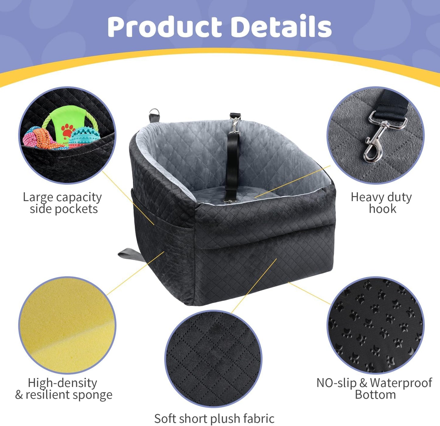 Dog Car Seat for Small/Medium Dogs, Upgrade Dog Booster Seat,Detachable and Washable Pet Car Seats with Thick Cushion Safety Leash and Storage Pockets(Black/Grey)