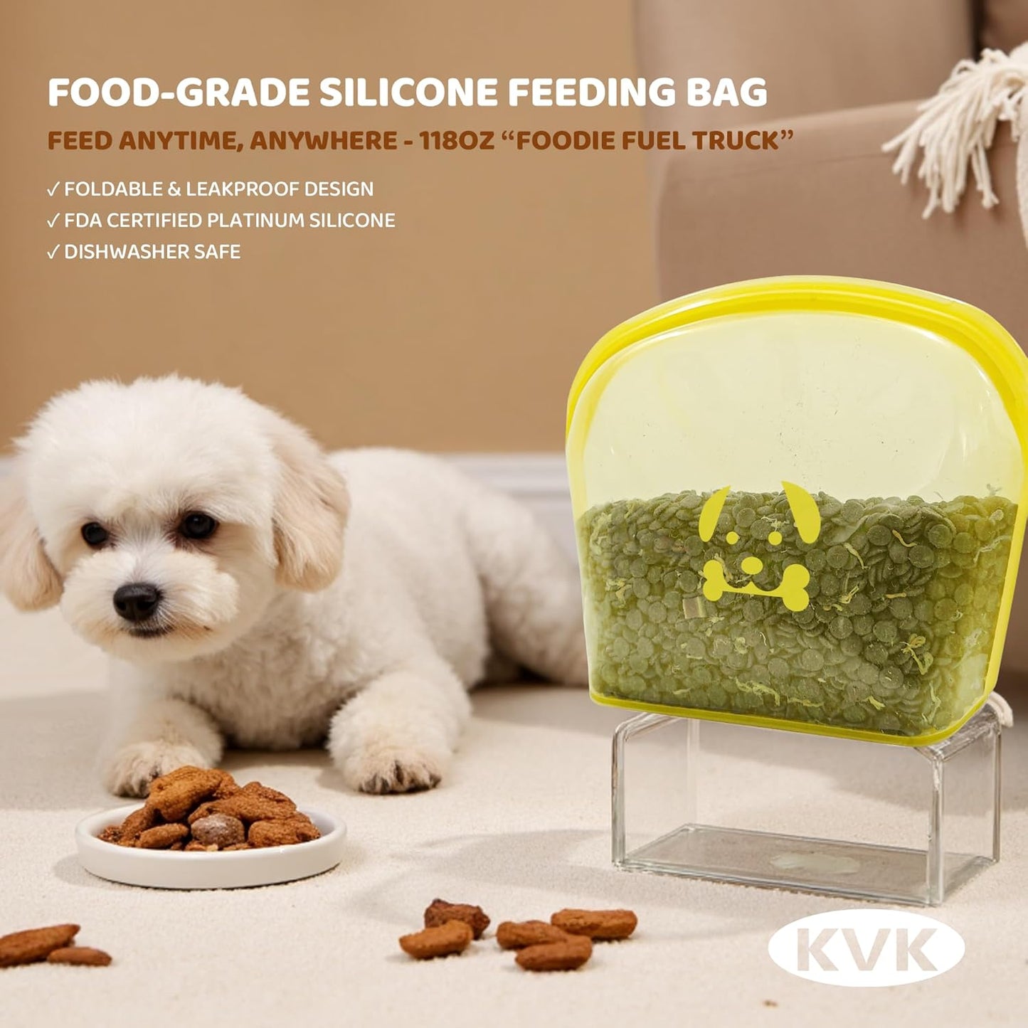 Extra Extra Large Silicone Dog Food Mat 39.4×43.3in and 128oz Silicone Bag Set, Super Size Waterproof Pet Feeding Mat & Container, Non-Slip, Chew-Resistant Floor Protection (Beige&Yellow)