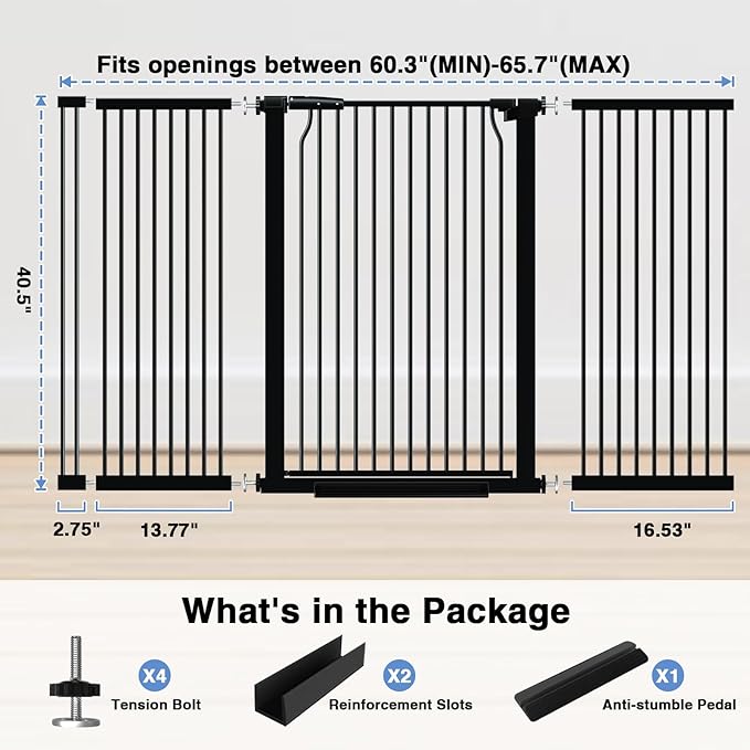 40.55" Extra Tall Baby Gate for Stairs-60.3"-65.7" Wide 1.37" Ultra Narrow Spacing Extra Wide Pet Cat Gate Dog Gate-Auto-Close Pressure Mounted Dog Door for Pets and Kids,Black
