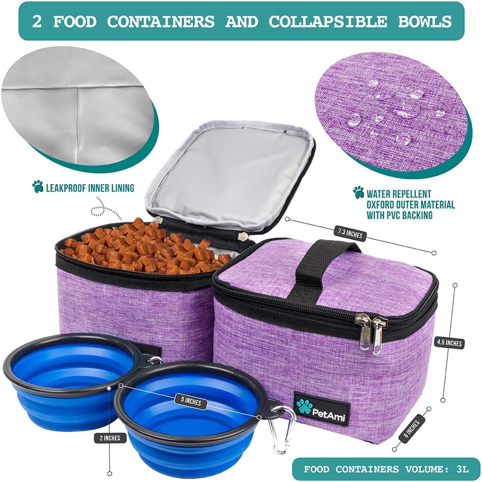 PetAmi Dog Travel Bag - Travel Pet Organizer with Food Container and Bowls, Perfect for Weekend Camping, Cat Diaper Bag (Purple, Medium)