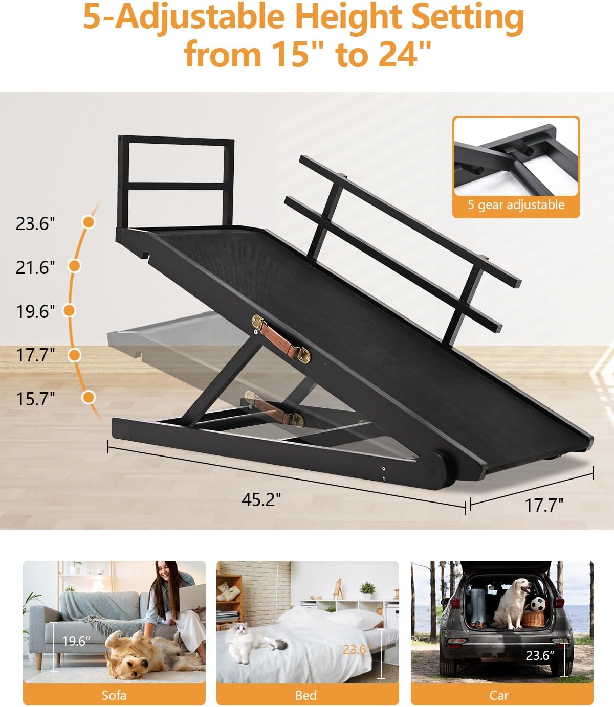 Dog Ramp for Bed, Pet Ramp for Small Dogs to Get on Bed, Dog Bed Ramp for High Bed 24 inch, Adjustable Wood Furniture Dog Ramp for Couch/Bedroom, Adjustable from 15" to 24" Height - Black