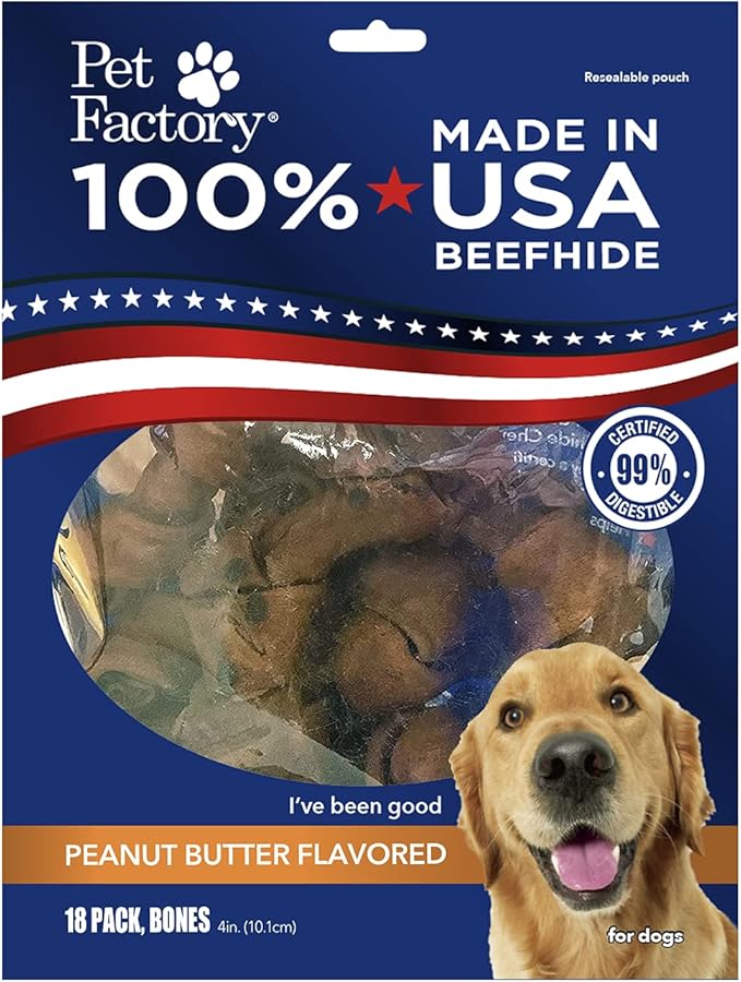 Pet Factory 100% Made in USA Beefhide 4" Knotted Bones Dog Chew Treats - Peanut Butter Flavor, 18 Count/1 Pack