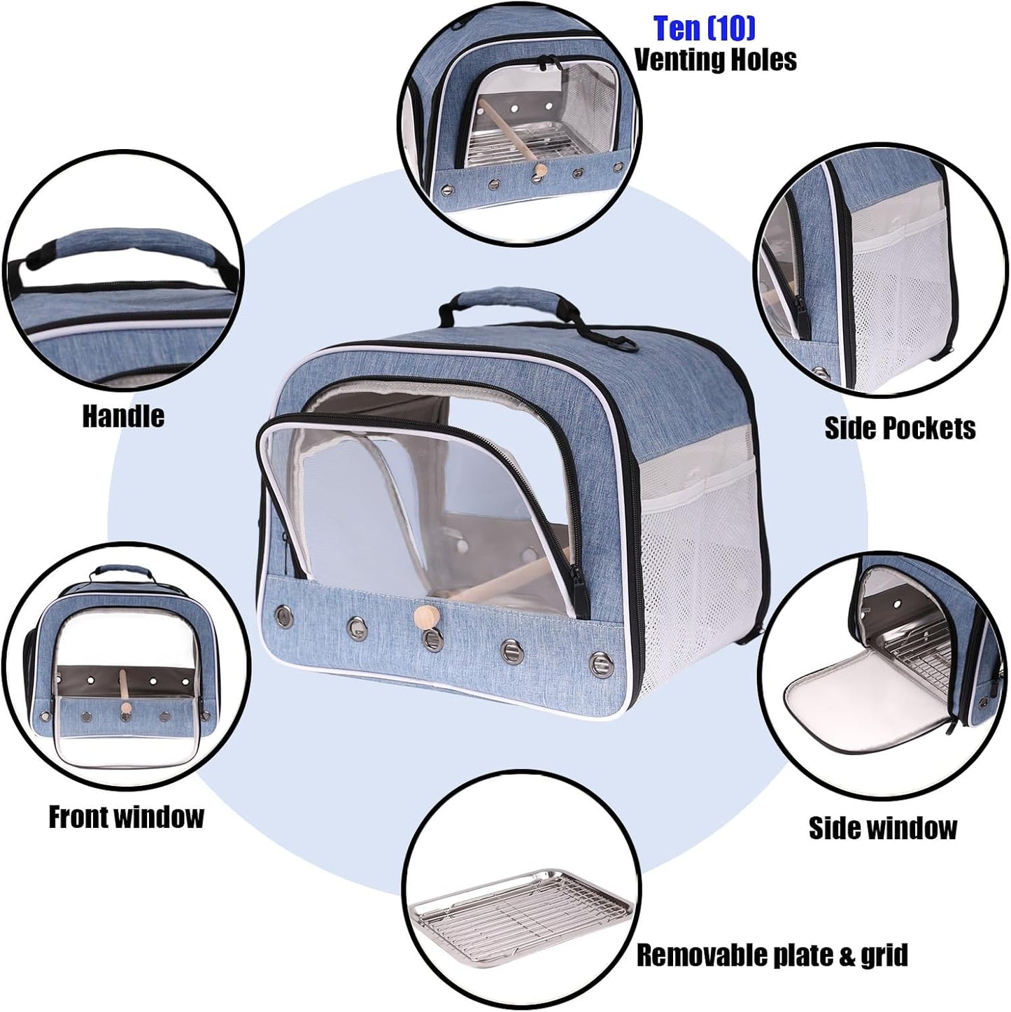 Bird Travel Carrier Cage for Large Size Parrot, Portable Bag with Metal Tray and Grid to Carry and Transport Medium and Large Birds Like African Grey, Long Tail Cockatiel and Parrot