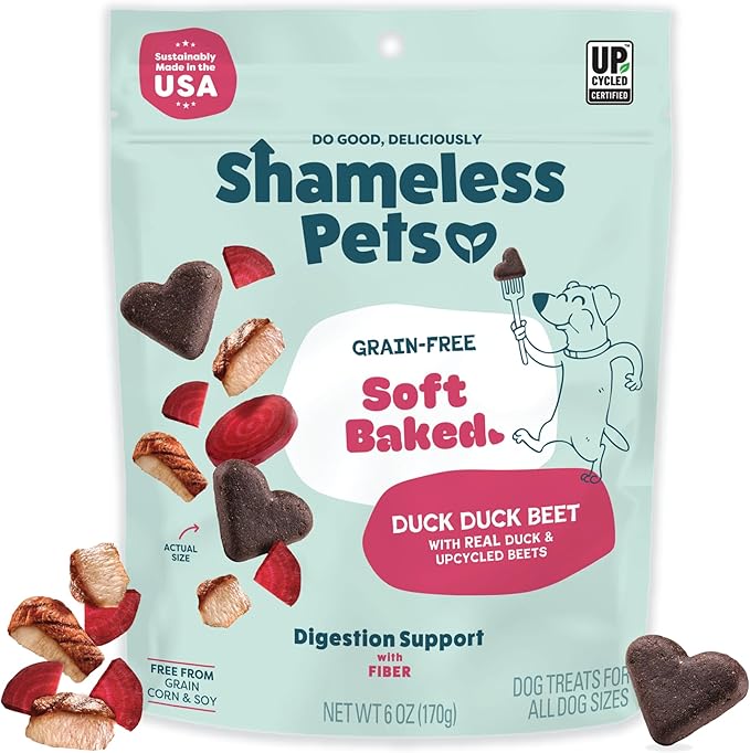 Shameless Pets Soft-Baked Dog Treats, Duck Duck Beet - Natural & Healthy Dog Chews for Digestive Support with Fiber - Dog Biscuits Baked & Made in USA, Free from Grain, Corn & Soy - 1-Pack