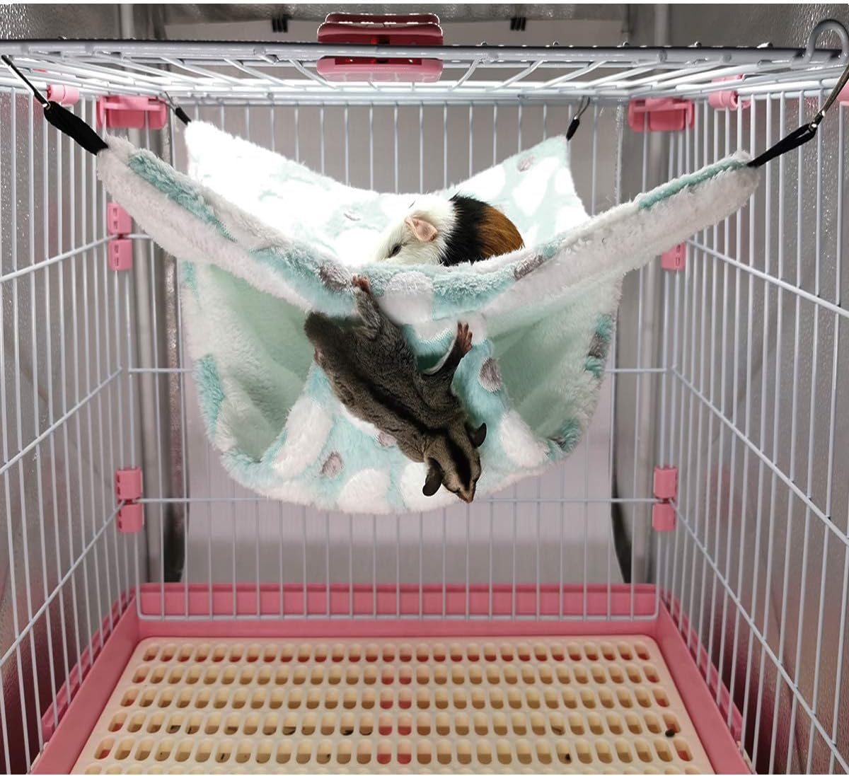LEFTSTARER Guinea Pig Ferret Rat Hammock Toy Small Animal Cage Accessories Hideout Tunnel & Bunkbed Hammock for Rat Ferret Guinea Pig Hamster Sugar Glider Chinchilla (Hammock Set Heart-Green)