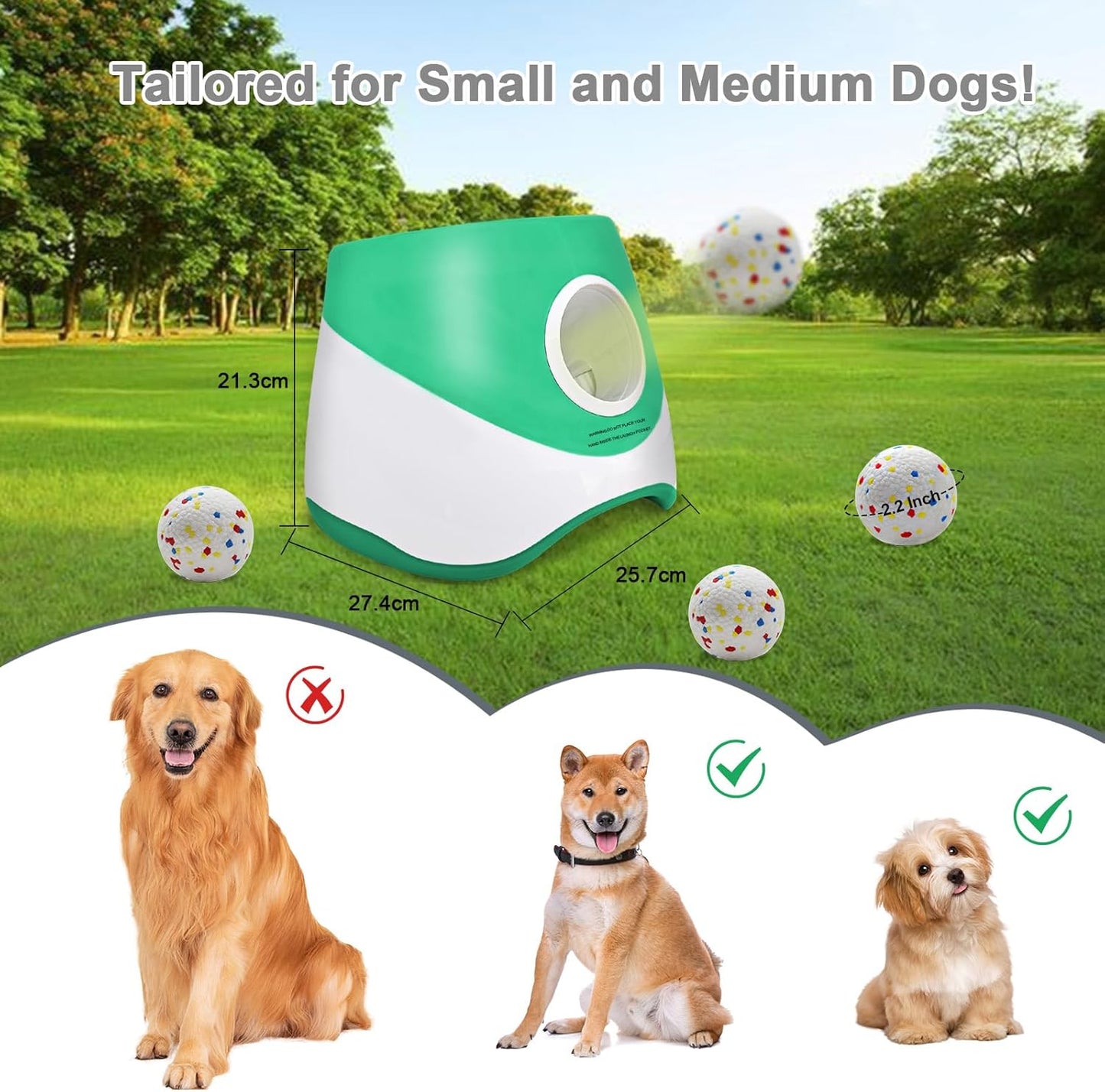Automatic Dog Ball Launcher for Samll to Medium Dogs, Upgraded Interactive Toy Balls Thrower, Distance Adjustable Mental Stimulating Dog Toys with 4 Etpu Balls 2.2 Inch (Green)