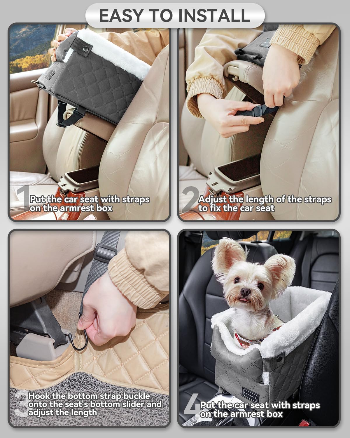 PETSFIT Center Console Dog Car Seat with Safe Protection Hooks, Pet Car Seat with Upgraded Safety Tethers, Washable Cushion, Console Dog Car Seats for Small Dogs Up to 8 Lbs (Grey)