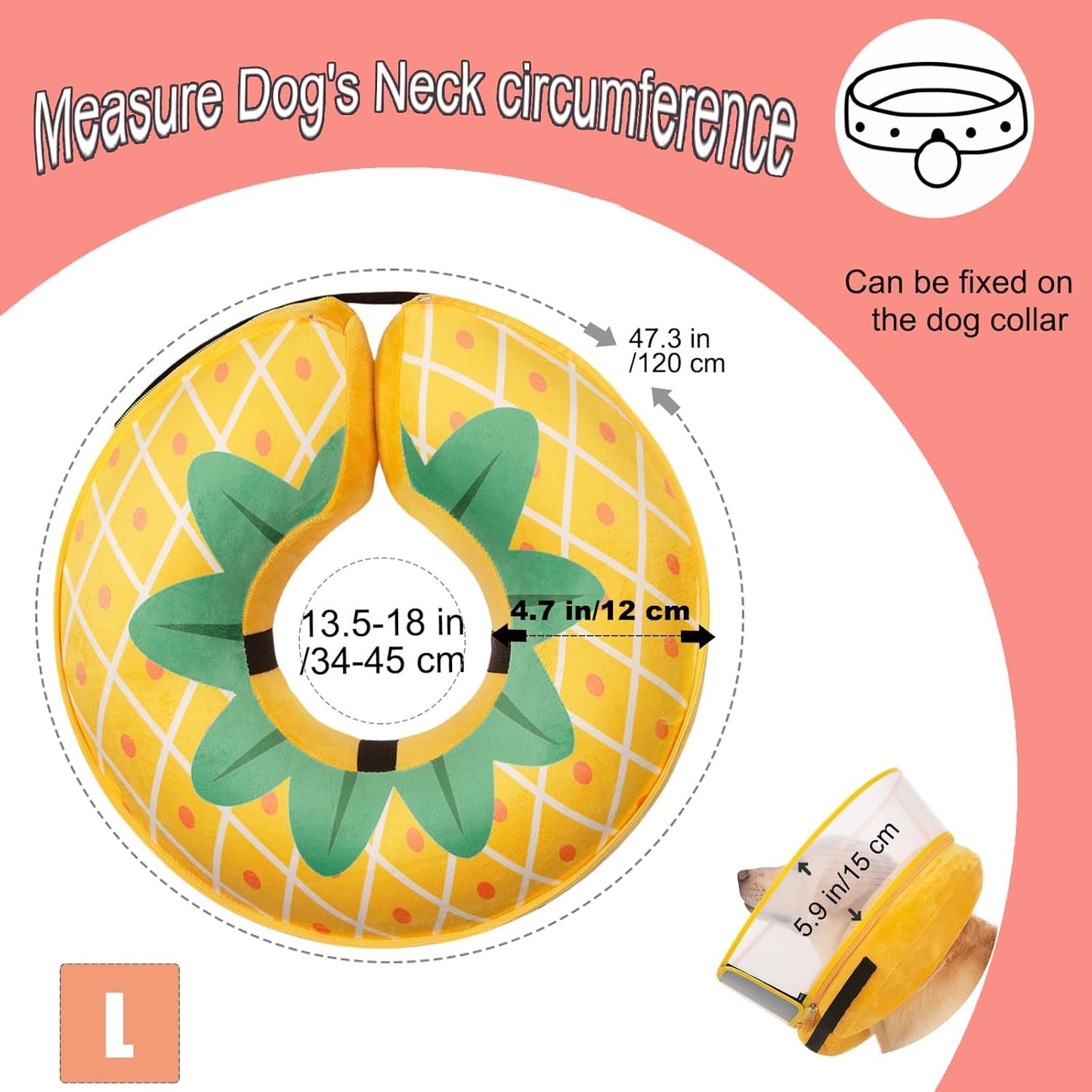 Inflatable Dog Cone Collar for Large Medium Small Dogs, Soft Dog Donut Collar Adjustable Recovery Cone for Pets After Surgery, Extra Enhanced Anti-Licking Guard Shield (Pineapple, Large)