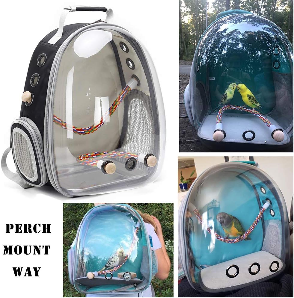 Bird Traval Carrier Cage, Clear Space Capsule Astronaut Backpack to Carry Parakeet Cockatiel Parrot with Metal Tray Wood Perch, Vet Transport Book Bag