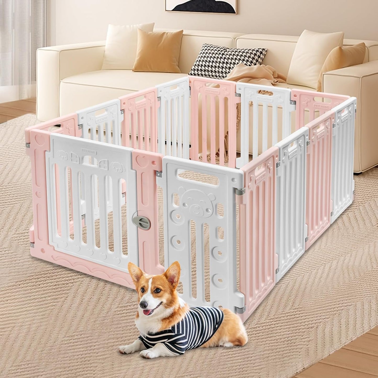 Dog Playpen with Door, 12 Panels Pet Safety Fence Foldable Puppy Pen Indoor Dog Fence, Plastics Enclosure Dog Pen Indoor for Small Dogs and Cats, Easy Assemble (Pink)