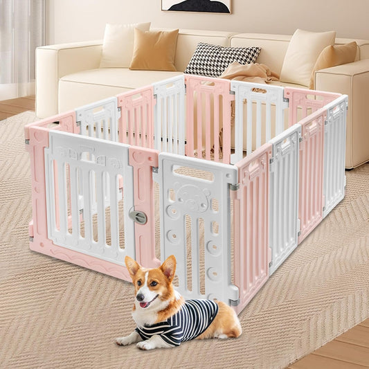 Dog Playpen with Door, 12 Panels Pet Safety Fence Foldable Puppy Pen Indoor Dog Fence, Plastics Enclosure Dog Pen Indoor for Small Dogs and Cats, Easy Assemble (Pink)
