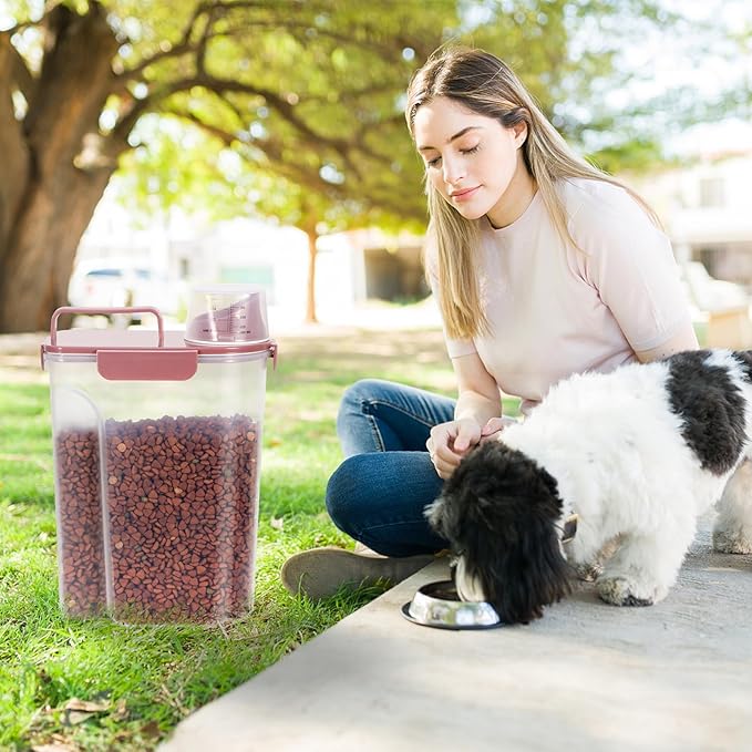 5-7Lbs Cat Dog Storage Container, Portable Pet Food Containers with Upgraded Large Spout and Cup, Small Animal Kibble Dispenser for Bird Seed, Oatmeal, Rice, Flour (2, Pink+Lake Blue, 5L)