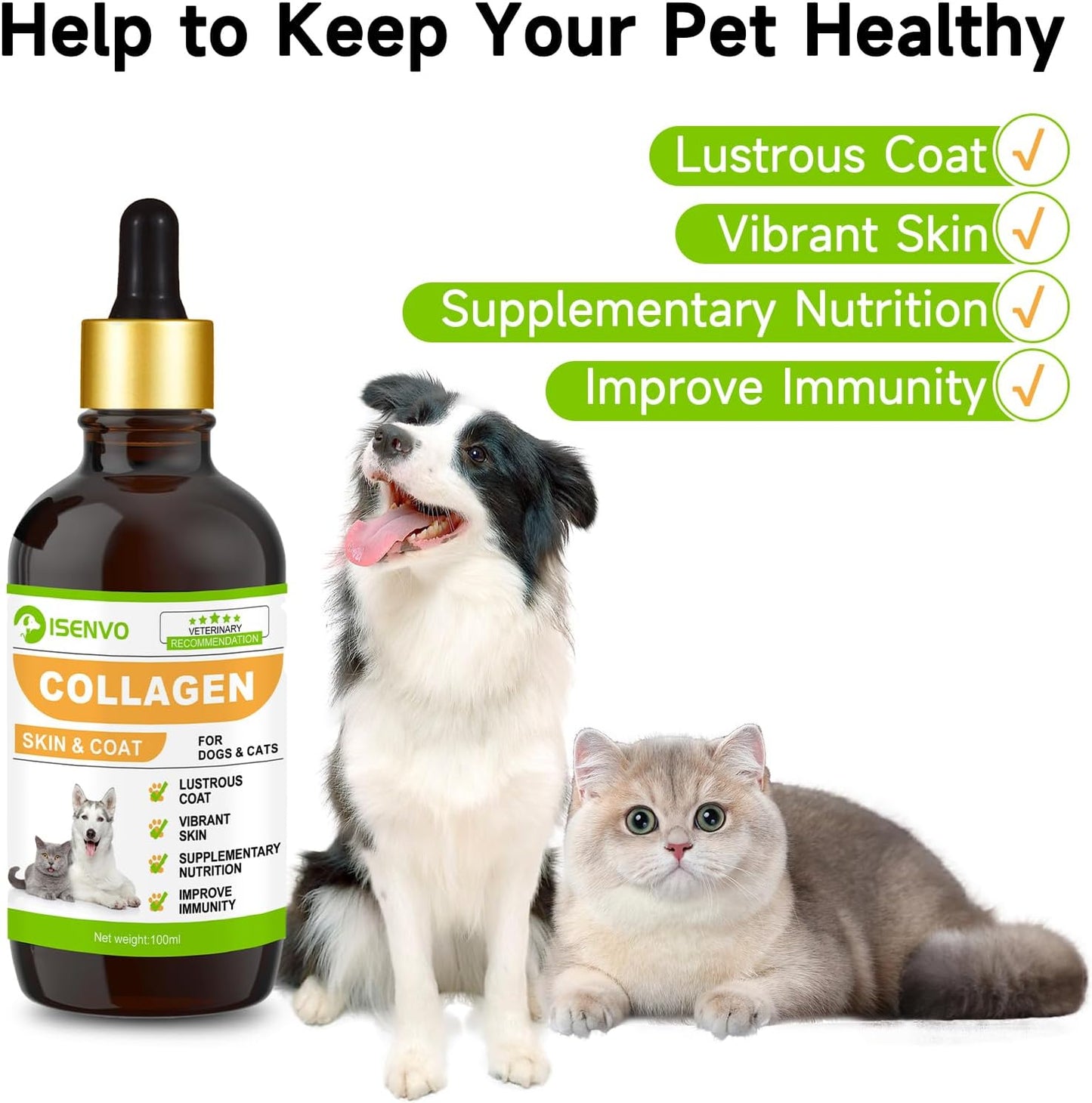 Liquid Collagen for Dogs and Cats, ISENVO Dog Collagen Drops, Skin & Coat Supplement, Itch Relief, Joint & Mobility Support, FDA Approved, Daily Dog Supplements, 3.38 oz