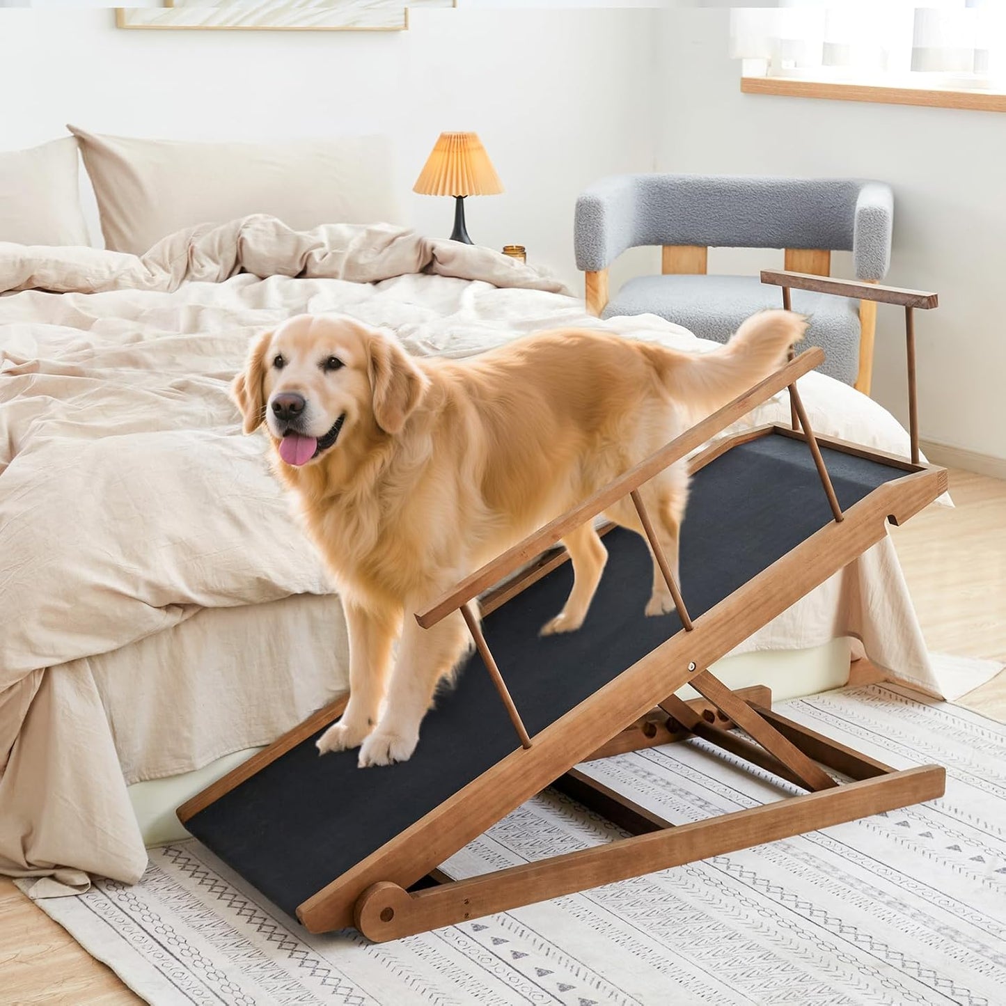 Dog Ramp for Bed and Couch, 5 Height Adjustable Solid Wood Pet Ramp for Small, Medium & Large Dogs, Collapsible Anti-Slip Dog Ramp for Sofa, Couch & Beds (Brown, 115)