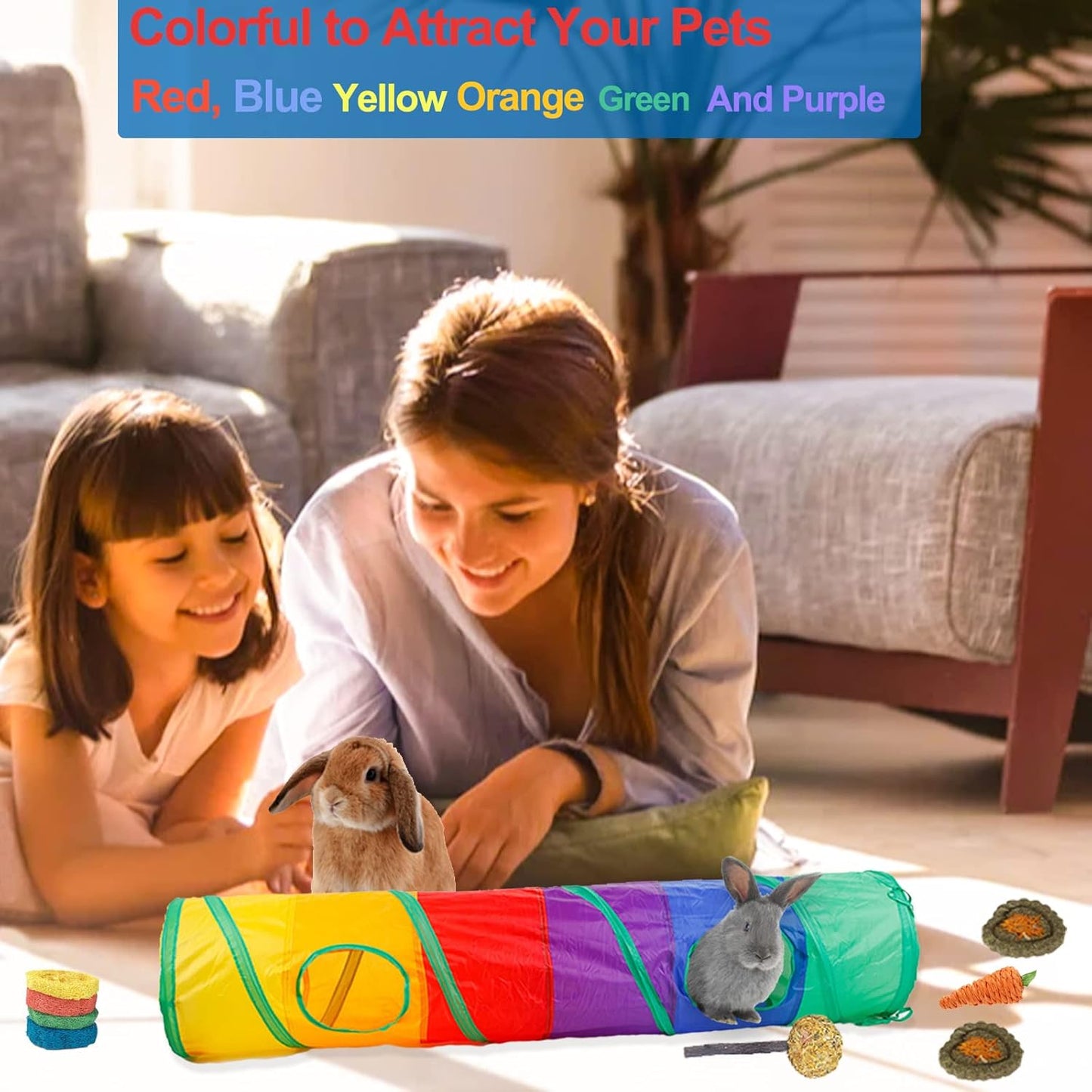 HERCOCCI Bunny Tunnels and Tubes, Collapsible Rabbit Hideout Tunnel Small Animal Activity Toy for Rabbits Bunnies Guinea Pigs Ferrets Kitty Puppy