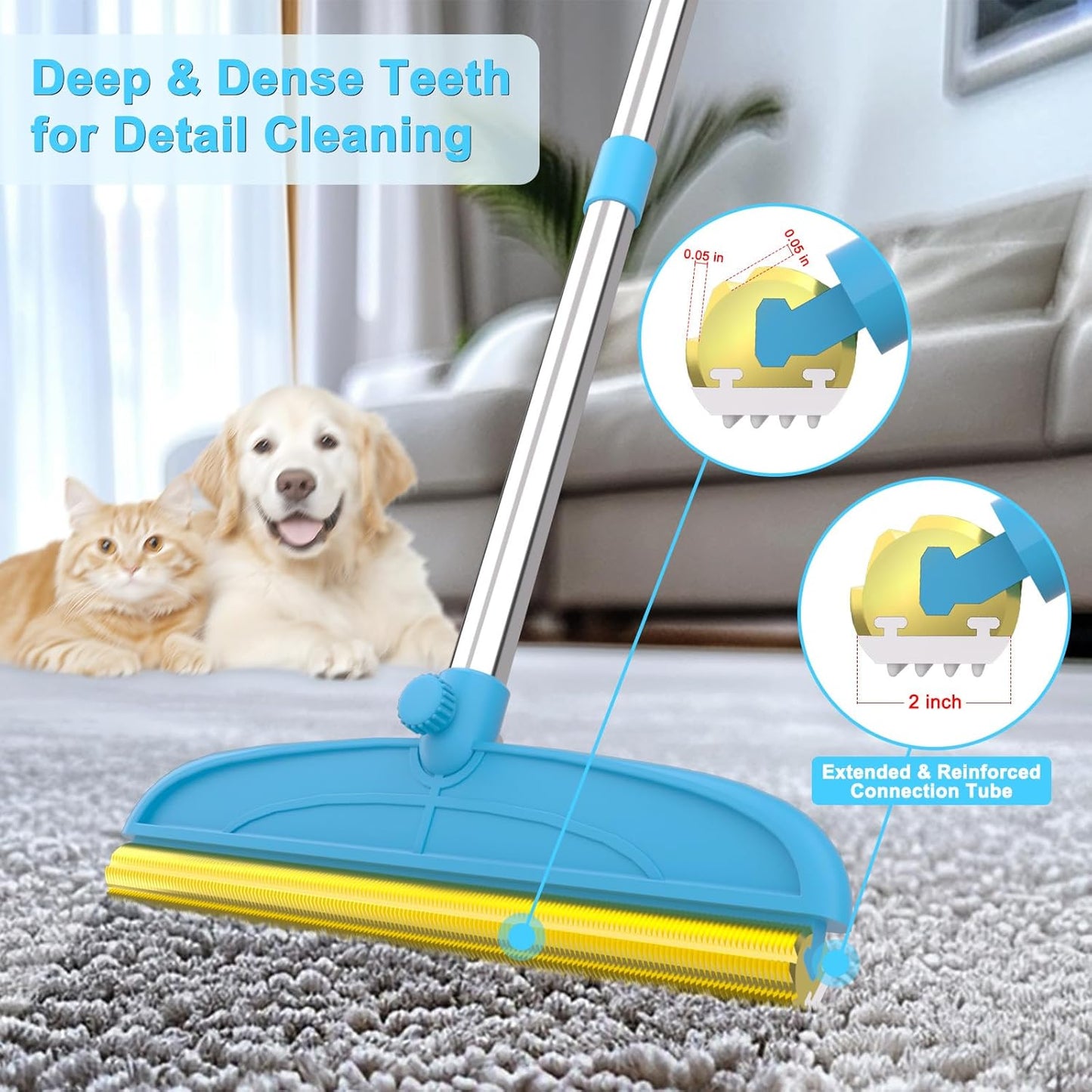 Carpet Rake for Dog Hair Remover: 2 in 1 Reusable Pet Hair Remover – 60‘’ Adjustable Long Handle Carpet Removal Tool for Dog Cat Human Hair – Carpet Scrape Cleaning for Rug Couch Bed