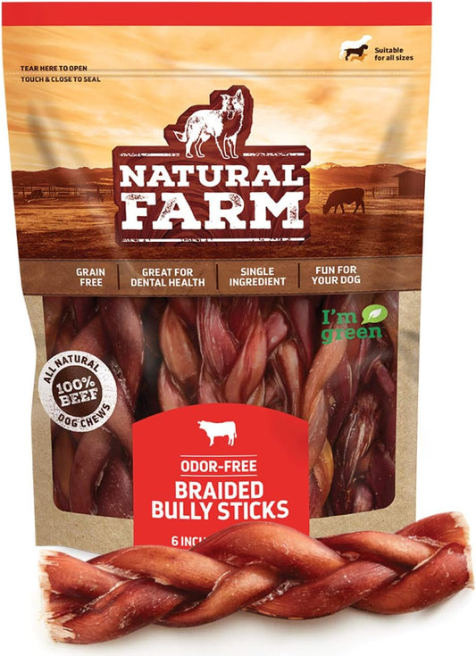 Natural Farm Odor-Free Braided Bully Sticks (6 Inch, 5 Pack) - 100% Grass-Fed Beef, Grain-Free, Low Fat & Fully Digestible Best Dental Treats - Safest Long Lasting Pizzle Chews to Keep Your Dog Busy