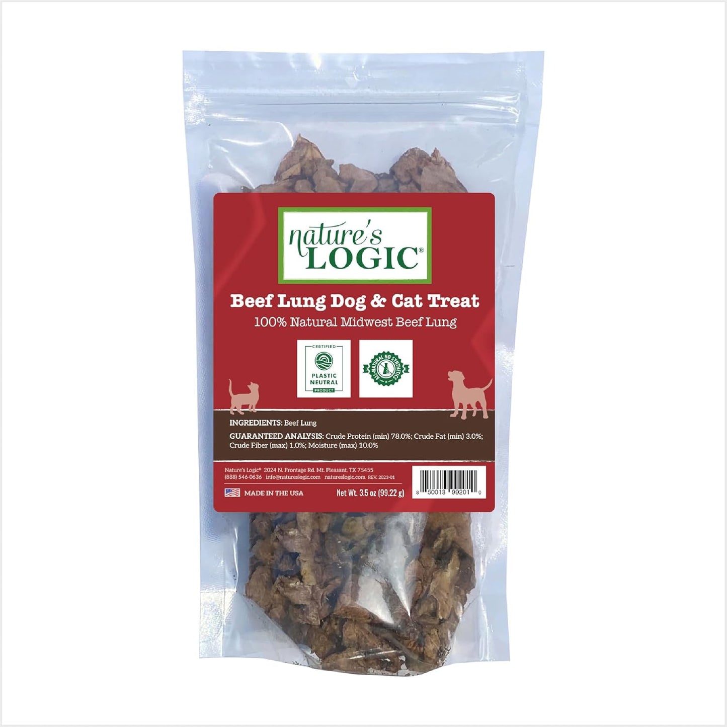 Nature's Logic Beef Lung Dog & Cat Treats - 100% Natural - Single-Ingredient High Protein - No Additives - Dental Care Treat for Dogs & Cats - Grain-Free - Beef Lung Treat, 3.5oz
