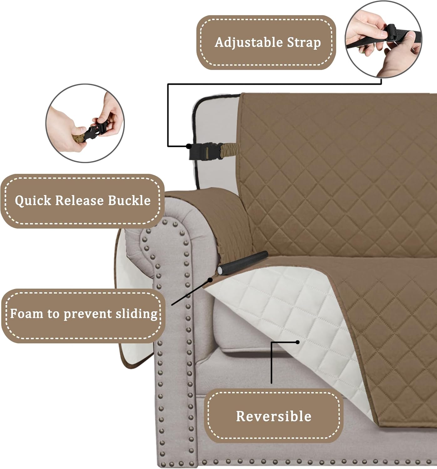 Easy-Going Reversible Chair Cover Washable Sofa Cover for Dogs Water Resistant Couch Slipcover Furniture Protector Cover with Adjustable Straps for Pets (Chair 30 in, Camel/Ivory)