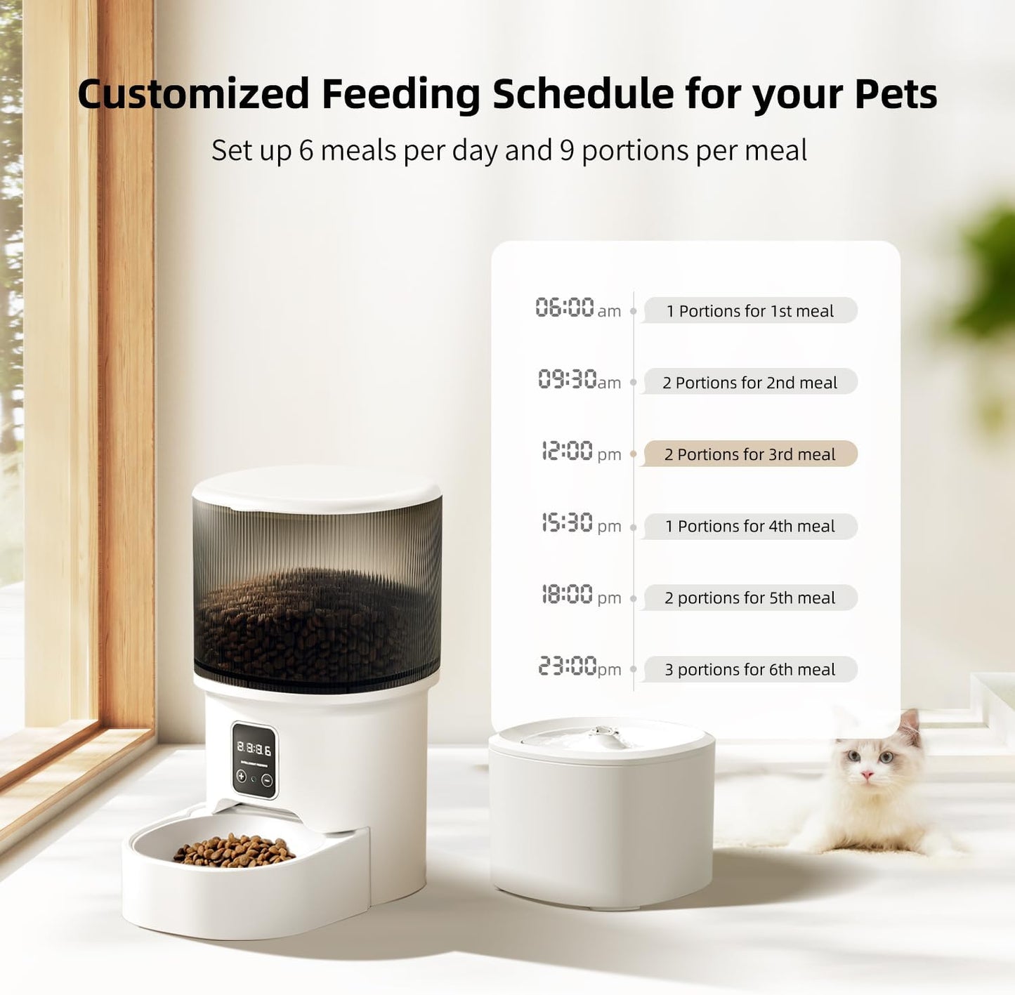 Automatic Cat Feeder & Water Dispenser, 4L Programmable Timed Cat Dry Food Dispenser with Dual Power, 3L Pet Fountain with Filter, 32dB Ultra-Quiet