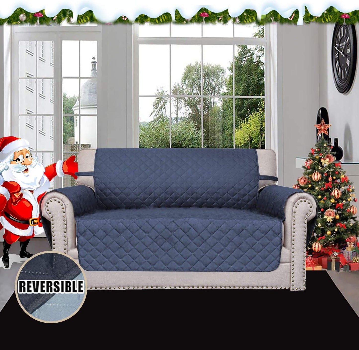 Easy-Going Reversible Loveseat Couch Cover for 2 Cushion Couch Sofa Cover for Dogs Water Resistant Furniture Protector with Foam Sticks Elastic Straps for Pet (Loveseat, Dark Blue/Light Blue)