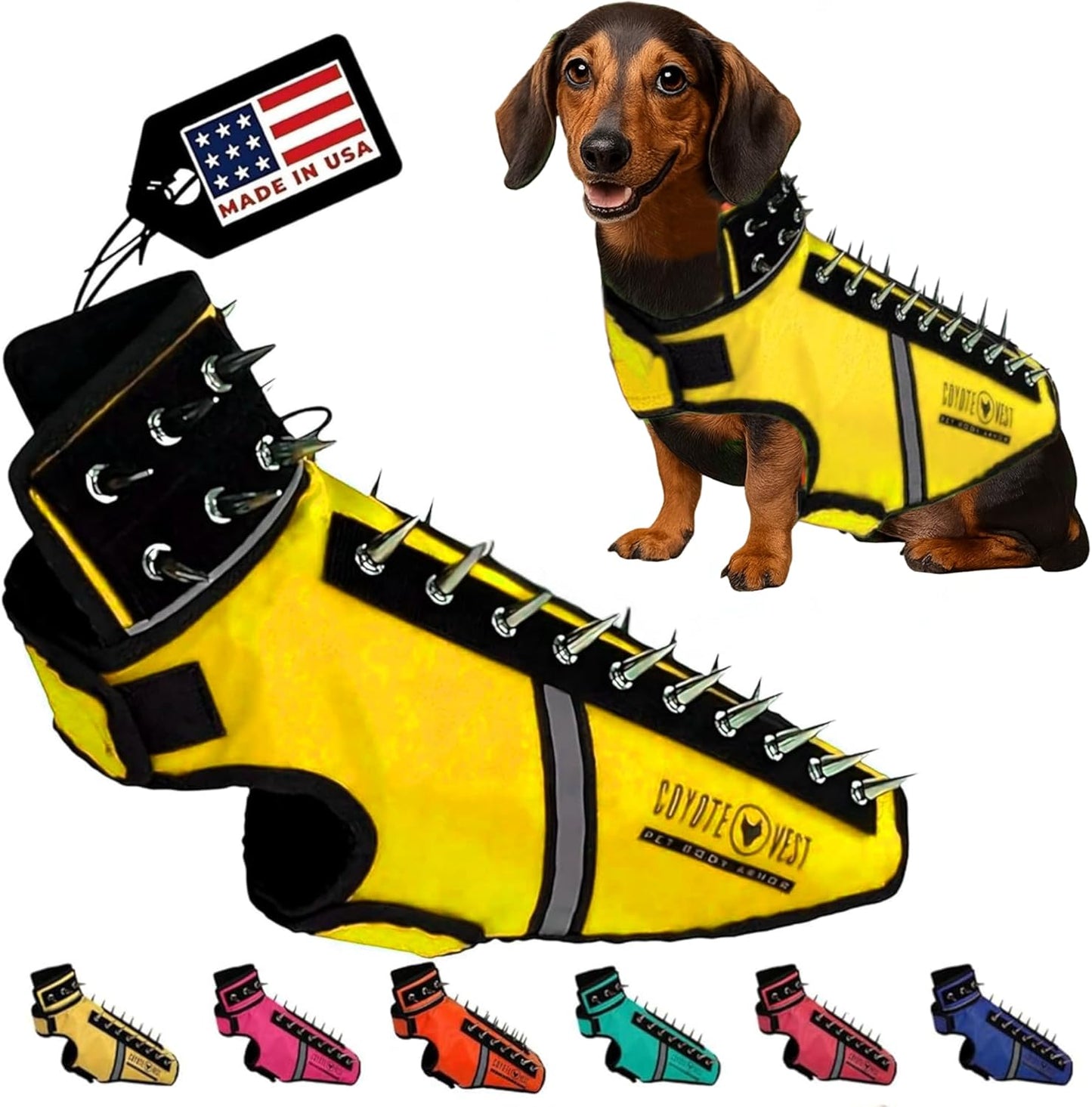 CoyoteVest SpikeVest Dog Harness Vest for Small Dogs, Reflective Dog Vest with Spikes to Shield Your pet from Coyotes, Raptor and Animal Attacks, Anti Hawk Vest, Made in USA (S-Yellow)