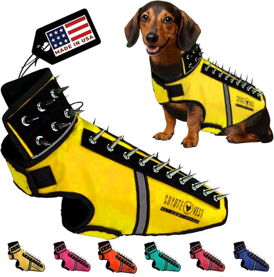 CoyoteVest SpikeVest Dog Harness Vest for Small Dogs, Reflective Dog Vest with Spikes to Shield Your pet from Coyotes, Raptor and Animal Attacks, Anti Hawk Vest, Made in USA (S-Yellow)