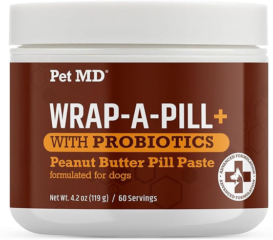 Pet MD Wrap-A-Pill with Dog Probiotics - Pill Wrap for Dogs Medicine - Easy-to-Use Paste to Hide Capsules, Create Pockets and Pill Treats for Dogs - Peanut Butter (4.2oz)
