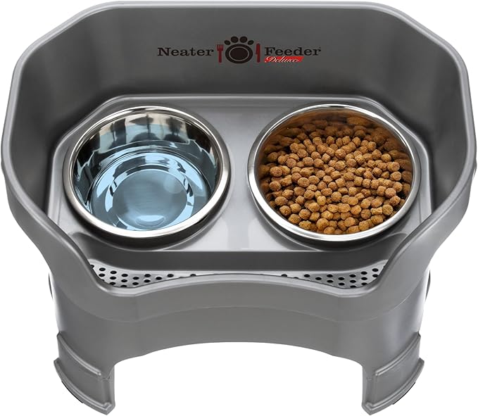 Neater Feeder Deluxe Mess Proof Dog Bowls Elevated for Large Dogs – Made in USA – No Spill Raised Dog Food Bowl Stand w/Leg Extensions – Stainless Steel Dog Food and Water Bowl Set – Grey
